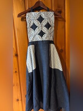 Vintage Blue Gingham and Denim Patchwork apron Dress